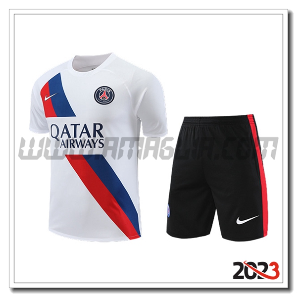Kit Maglia Allenamento + Pantaloncini PSG Bianco/Nero/Rosso/Blu 2023 2024