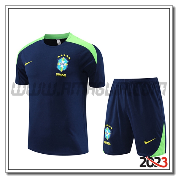 Kit Maglia Allenamento + Pantaloncini Brasile Blu/Verde 2023 2024
