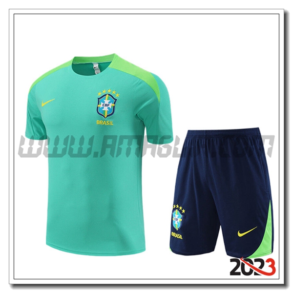 Kit Maglia Allenamento + Pantaloncini Brasile Bambino Verde/Nero 2023 2024