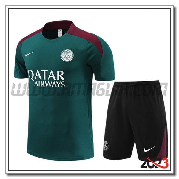 Kit Maglia Allenamento + Pantaloncini PSG Bambino Verde/Rosso/Nero 2023 2024