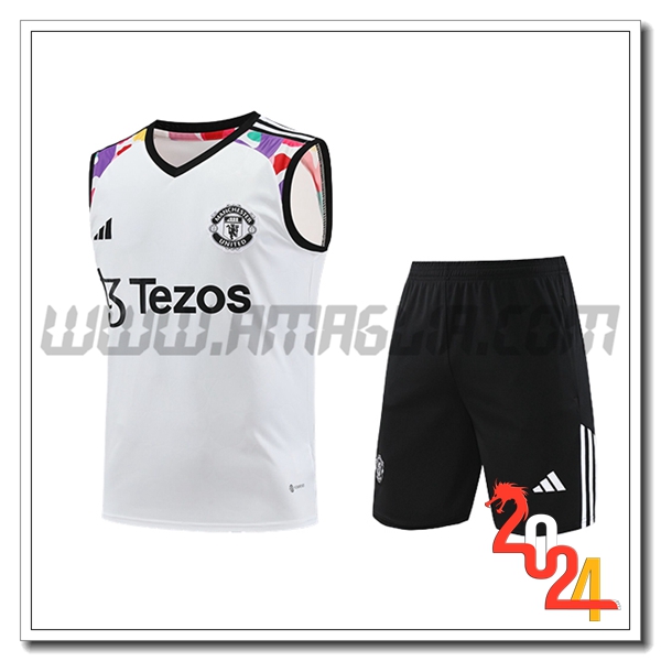 Kit Canotta Allenamento + Pantaloncini Manchester United Bianco/Nero 2024/2025