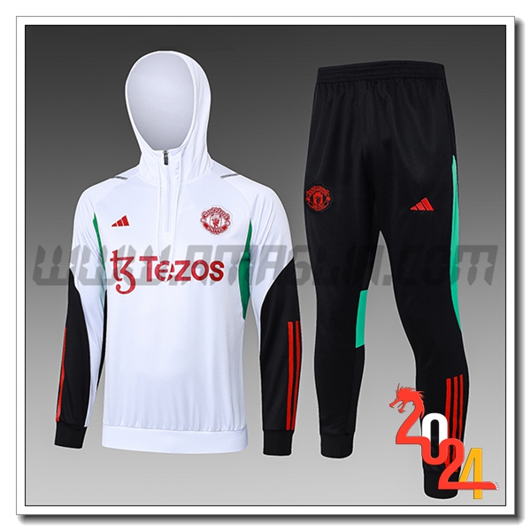 Giacca Con Cappuccio Tuta Manchester United Bambino Bianco/Nero/Rosso/Verde 2023 2024