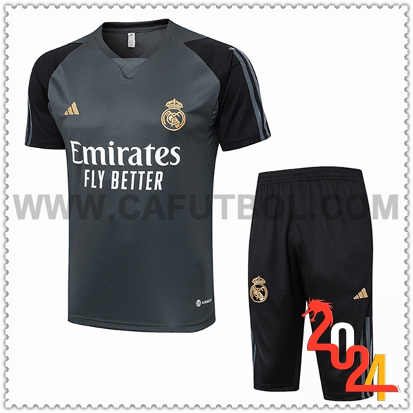 Kit Maglia Allenamento + Pantaloncini Real Madrid Grigio/Nero 2024 2025