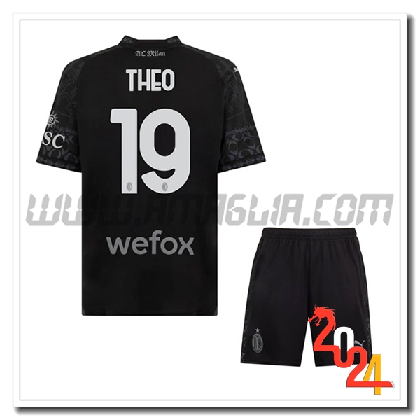 Kit Maglia AC Milan Bambino THEO #19 Quarto 2023 2024 Nero