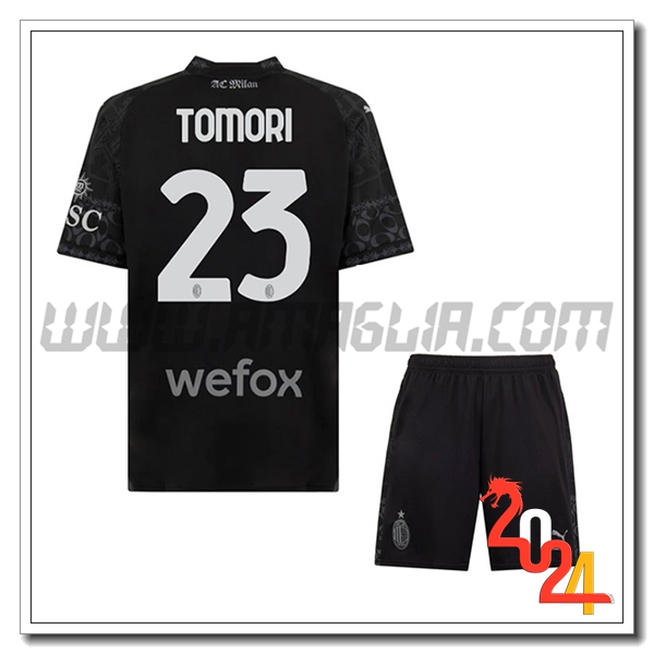 Kit Maglia AC Milan Bambino TOMORI #23 Quarto 2023 2024 Nero
