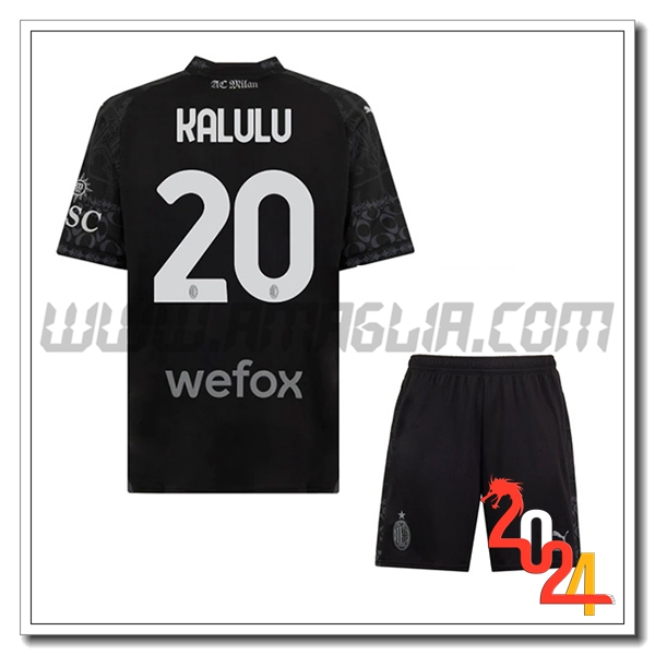 Kit Maglia AC Milan Bambino KALULU #20 Quarto 2023 2024 Nero