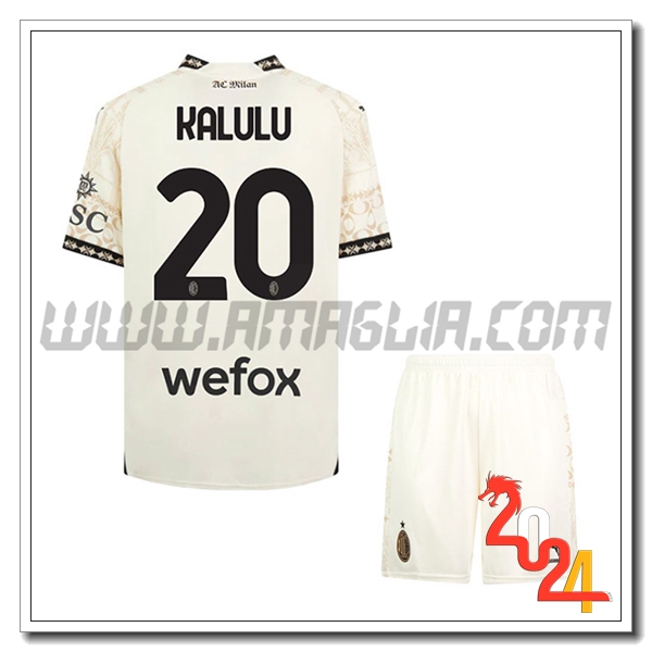 Kit Maglia AC Milan Bambino KALULU #20 Quarto 2023 2024 Bianco