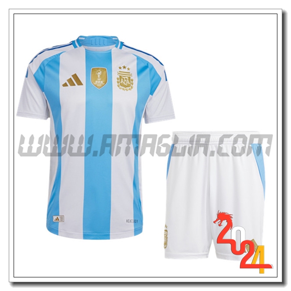 Kit Maglia Argentina Bambino Prima 2024 2025 Bianco Cielo blu