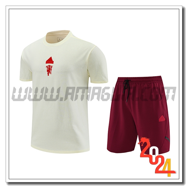 Kit Maglia Allenamento + Pantaloncini Manchester United Beige/Rosso 2024 2025