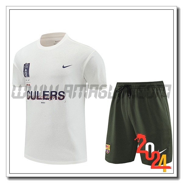 Kit Maglia Allenamento + Pantaloncini FC Barcellona Bianco/Verde 2024 2025
