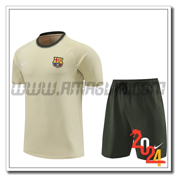 Kit Maglia Allenamento + Pantaloncini FC Barcellona Beige/Verde 2024 2025
