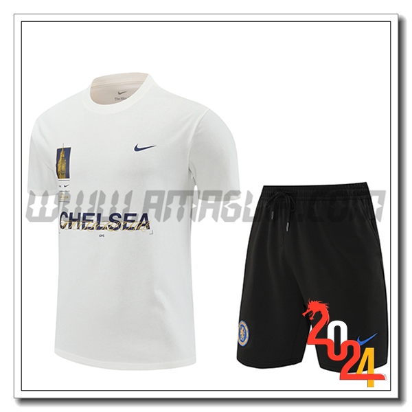 Kit Maglia Allenamento + Pantaloncini FC Chelsea Bianco/Nero 2024 2025