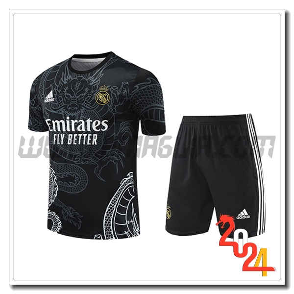 Kit Maglia Allenamento + Pantaloncini Real Madrid Nero/Grigio/Bianco 2024 2025