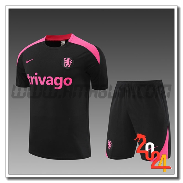 Kit Maglia Allenamento + Pantaloncini FC Chelsea Bambino Nero/Rosa 2024 2025
