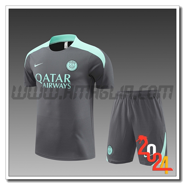 Kit Maglia Allenamento PSG Bambino Grigio/Verde 2024 2025