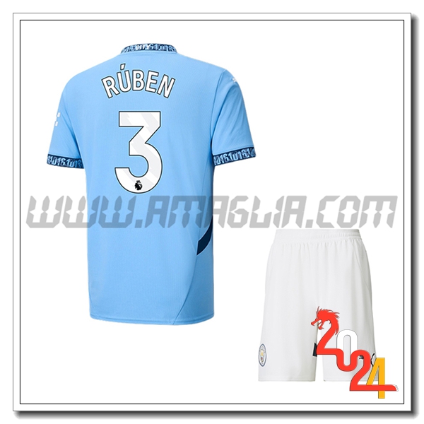 Kit Maglia Manchester City Bambino RÚBEN #3 Prima 2024 2025