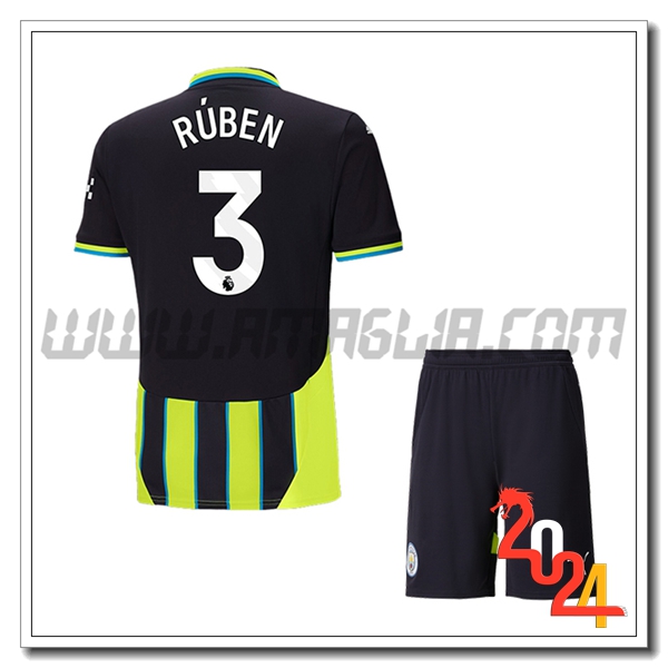 Kit Maglia Manchester City Bambino RÚBEN #3 Seconda 2024 2025