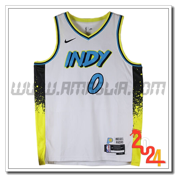 Maglia Indiana Pacers (HALIBURTON #0) 2024/25 Bianco/Giallo/Nero/Blu