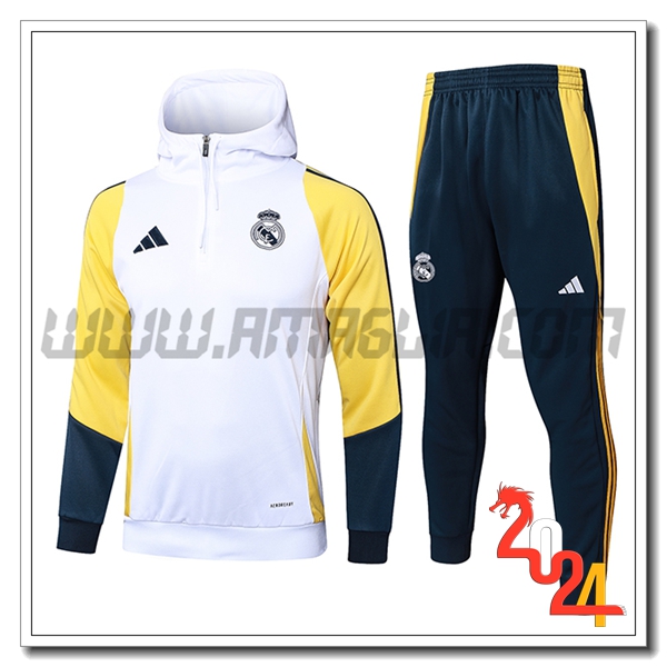 Giacca Con Cappuccio Tuta Giacca A Vento Real Madrid Bianco/Giallo/Blu 2024 2025