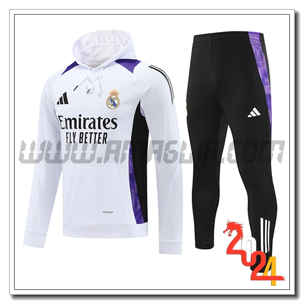 Felpa Con Cappuccio Tuta Real Madrid Bianco/Nero/Bianco 2024 2025