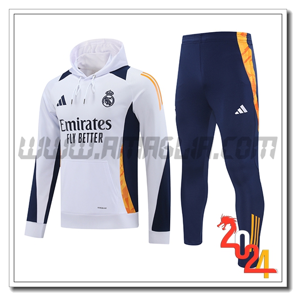 Felpa Con Cappuccio Tuta Real Madrid Bianco/Blu/Arancia 2024 2025