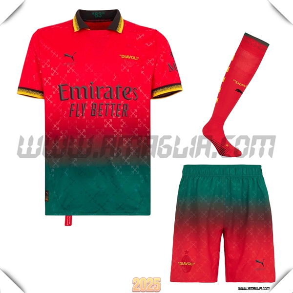 Kit Maglia AC Milan Quarto (Pantaloncini + Calzini) 2024 2025 Rosso