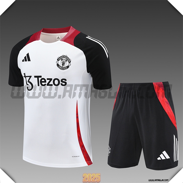 Kit Maglia Allenamento Manchester United Bambino Bianco/Nero/Rosso 2025 2026