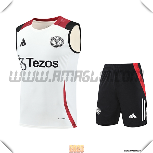 Kit Canotta Allenamento Manchester United Bianco/Nero/Rosso 2025 2026