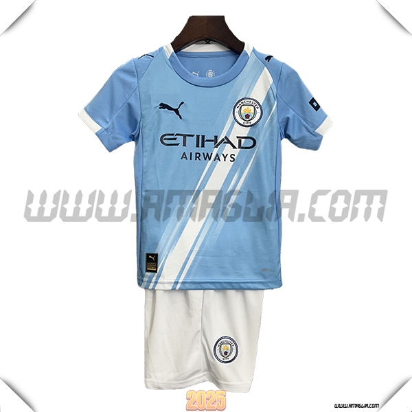 Prima Maglia Calcio Manchester City Bambino 2025 2026 Bianco/Azzurro cielo