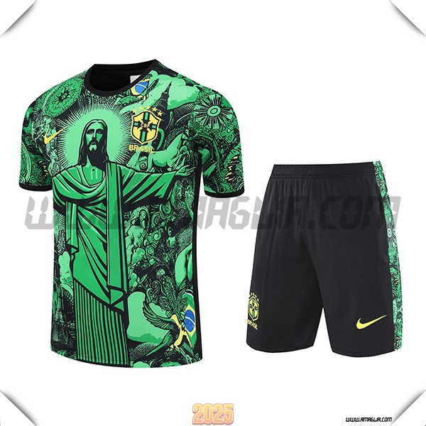 Kit Maglia Allenamento Brasile Bambino Verde/Nero 2025 2026