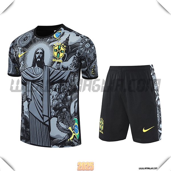 Kit Maglia Allenamento Brasile Bambino Grigio/Nero 2025 2026