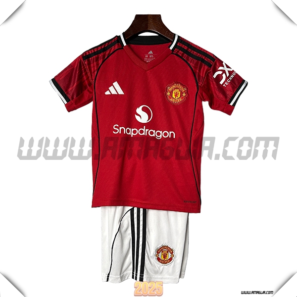 Prima Maglia Calcio Manchester United Bambino 2025 2026 Rosso/Bianco