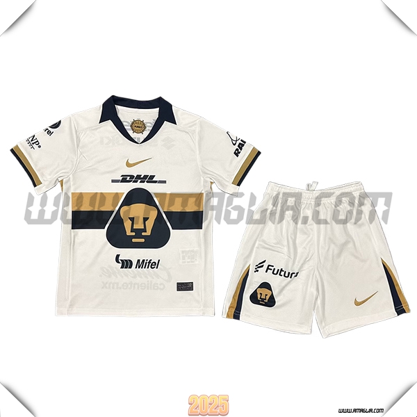 Nuovo Maglia da Pumas UNAM Bambino Prima 2025 2026 Bianco/Blu Marino