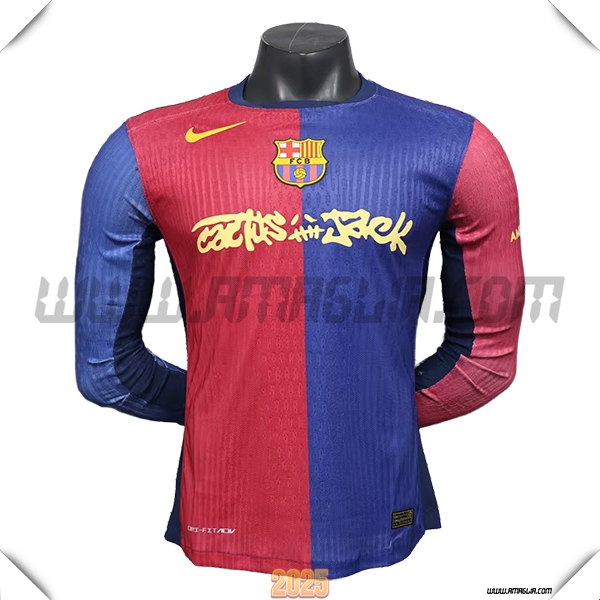 Prima Maglia Calcio FC Barcellona Travis Scott Maniche lunghe 2024/2025 Rosso/Blu