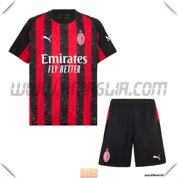 Nuovo Maglia da AC Milan Bambino Prima 2025 2026 Rosso/Nero