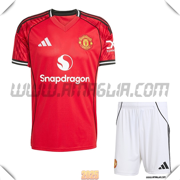 Kit Maglia da Manchester United Prima + Pantaloncini Rosso/Bianco 2025 2026
