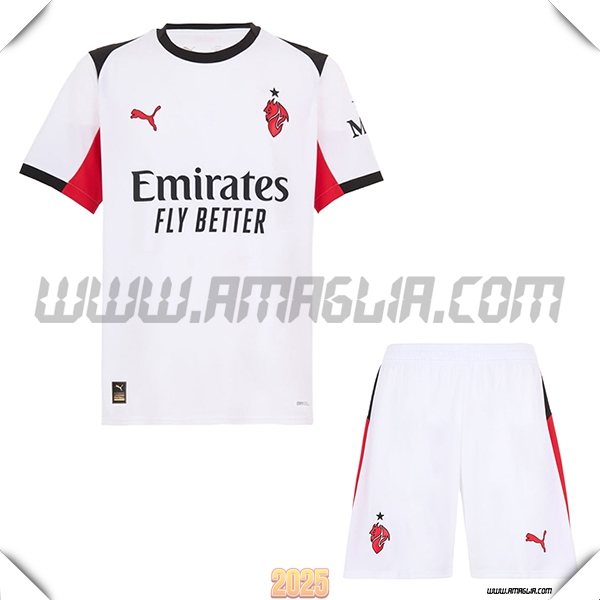 Kit Maglia da AC Milan Seconda + Pantaloncini Bianco/Rosso 2025 2026