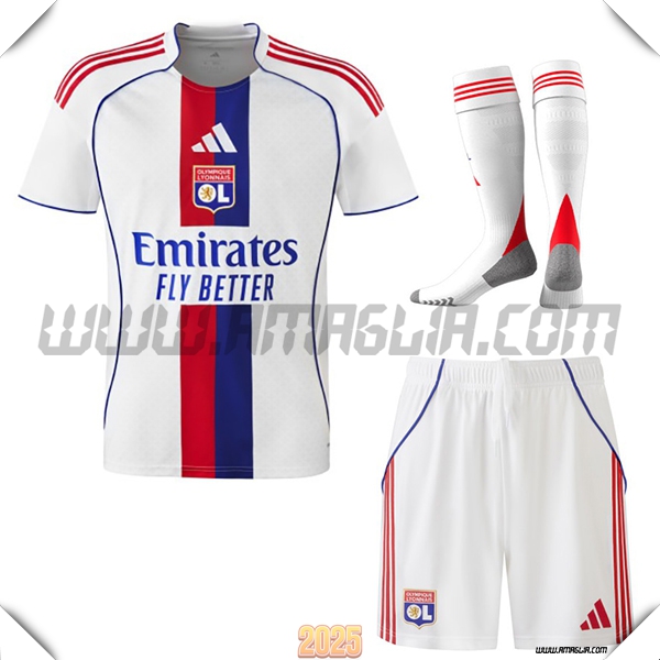 Kit Maglia da Lyon OL Prima (Pantaloncini + Calzini) Bianco/Rosso/Blu 2025 2026