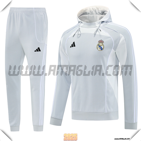 Giacca Con Cappuccio Tuta Giacca A Vento Real Madrid Grigio/Bianco 2025 2026