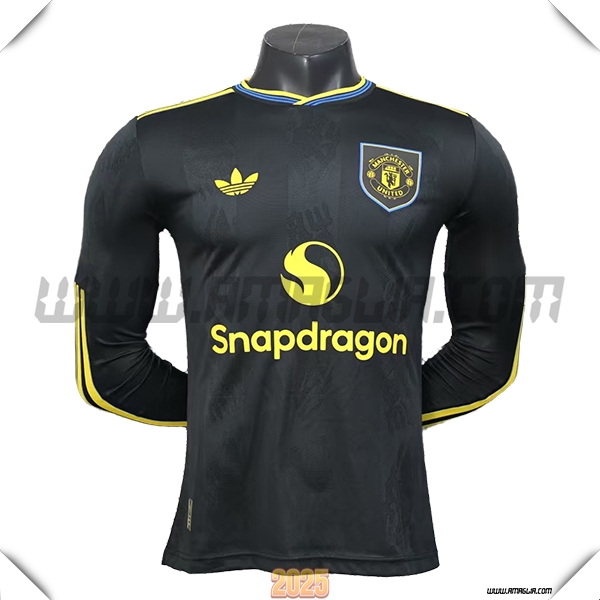 Terzo Maglia Calcio Manchester United Maniche lunghe 2025 2026 Nero/GIALLO