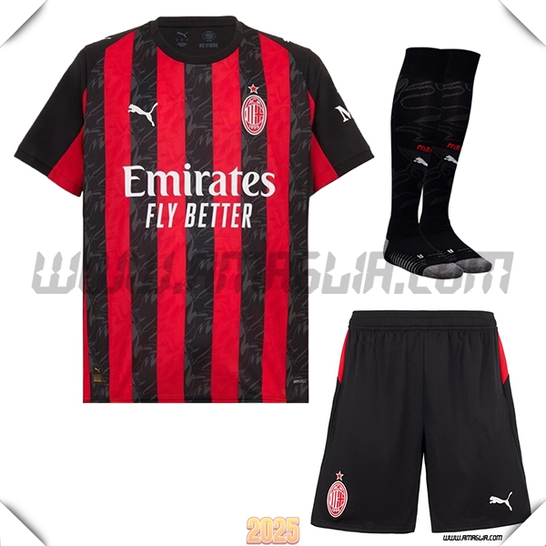 Kit Maglia da AC Milan Prima (Pantaloncini + Calzini) Rosso/Nero 2025 2026