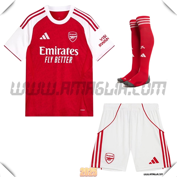 Kit Maglia da FC Arsenal Prima (Pantaloncini + Calzini) Rosso/Bianco 2025 2026