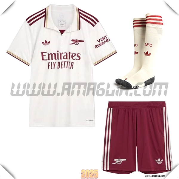 Kit Maglia da FC Arsenal Terzo (Pantaloncini + Calzini) Bianco/Rosso 2025 2026