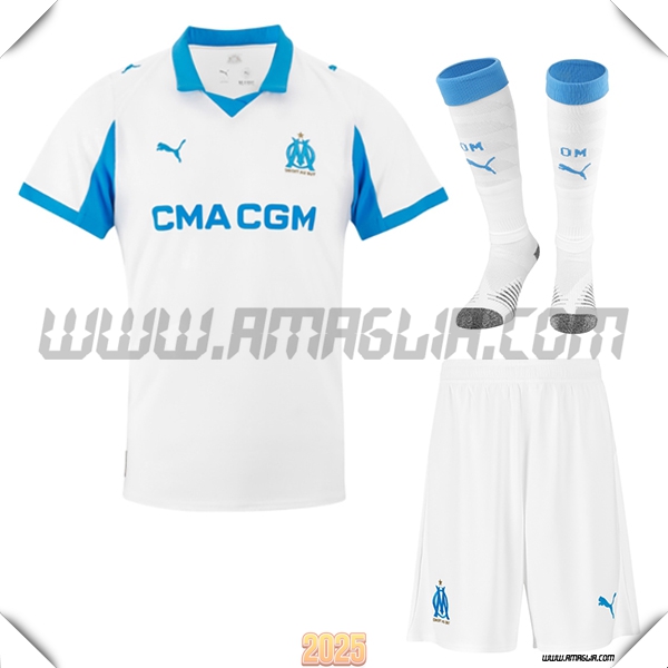 Kit Maglia da Marsiglia OM Prima (Pantaloncini + Calzini) Bianco/Blu 2025 2026