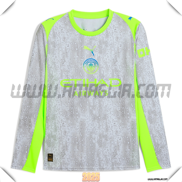 Nuovo Maglia da Manchester City Maniche lunghe Terzo 2025 2026 Grigio/Verde