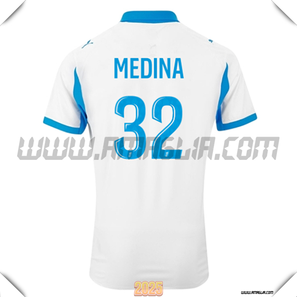 Prima Maglia Calcio Marsiglia OM MEDINA #32 2025 2026 Bianco/Blu Cielo