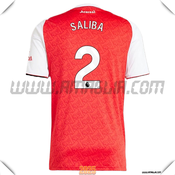 Prima Maglia Calcio FC Arsenal SALIBA #2 2025 2026 Rosso/Bianco