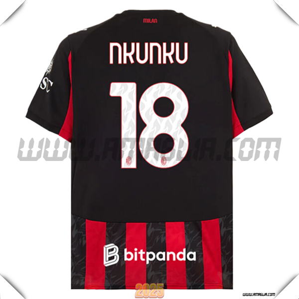 Prima Maglia Calcio AC Milan NKUNKU #18 2025 2026 Nero/Rosso