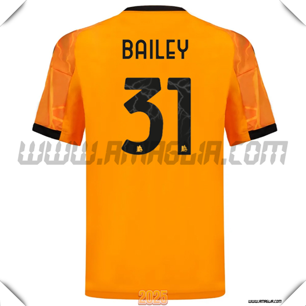 Seconda Maglia Calcio AS Roma BAILEY #31 2025 2026 Arancia