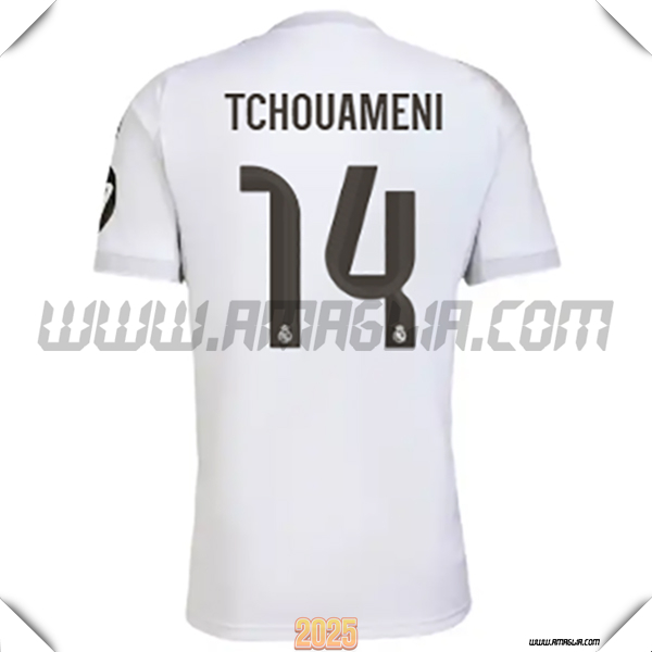 Prima Maglia Calcio Real Madrid TCHOUAMÉNI #14 2025 2026 Bianco